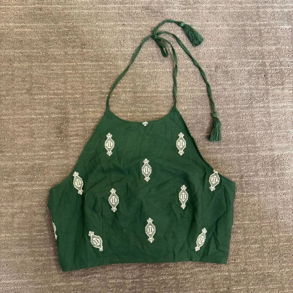 House of Harlow Green White Linen Blend Crop Halter Top Medium